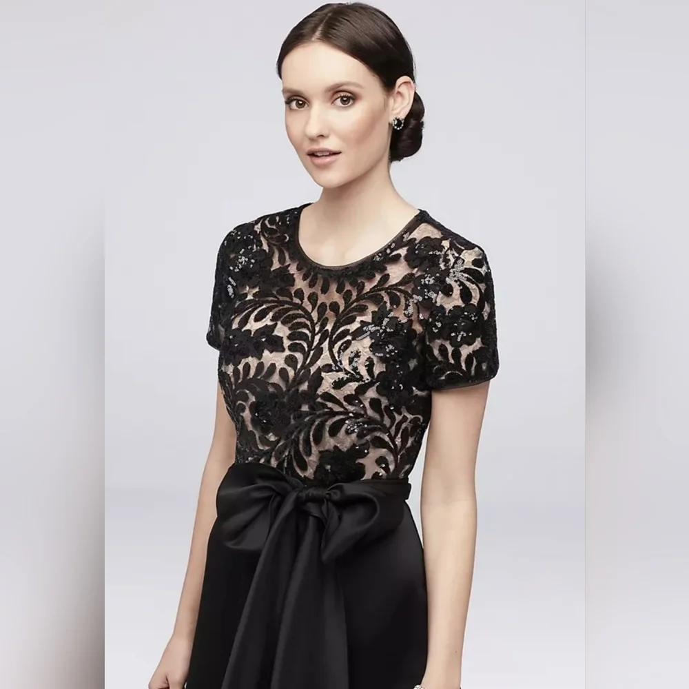R&M Richards Black Satin & Sequined Lace A-Line High-Low Maxi Dress - Picture 2 of 14